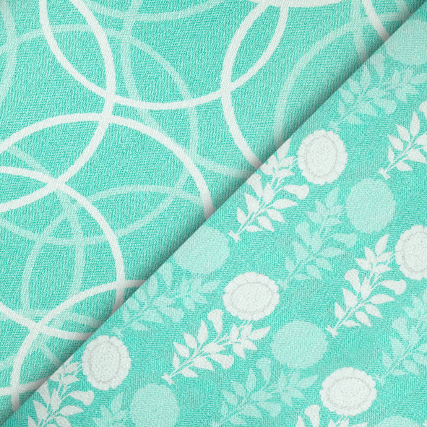 Turquoise And White Floral Pattern Digital Print Premium Lush Satin Fabric