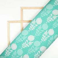 Turquoise And White Floral Pattern Digital Print Premium Lush Satin Fabric