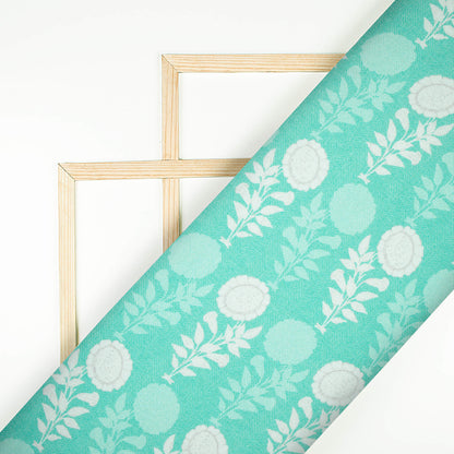Turquoise And White Floral Pattern Digital Print Premium Lush Satin Fabric