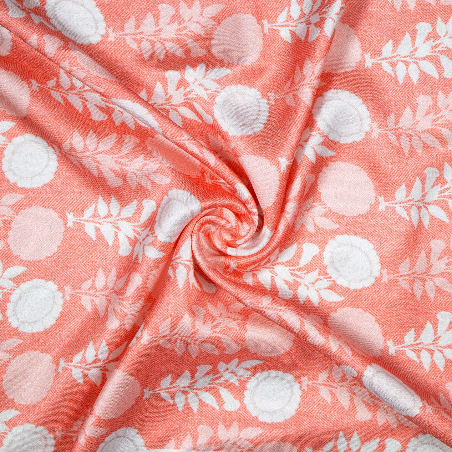 Salmon Pink And White Floral Pattern Digital Print Premium Lush Satin Fabric