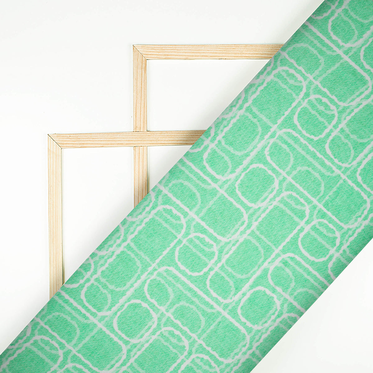 Paris Green And White Geometric Pattern Digital Print Premium Lush Satin Fabric