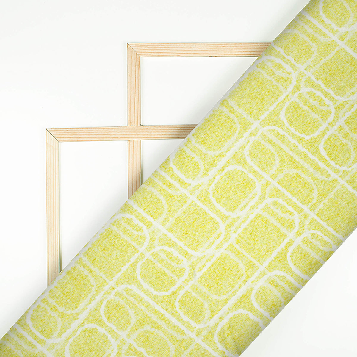 Chartreuse Yellow And White Geometric Pattern Digital Print Premium Lush Satin Fabric