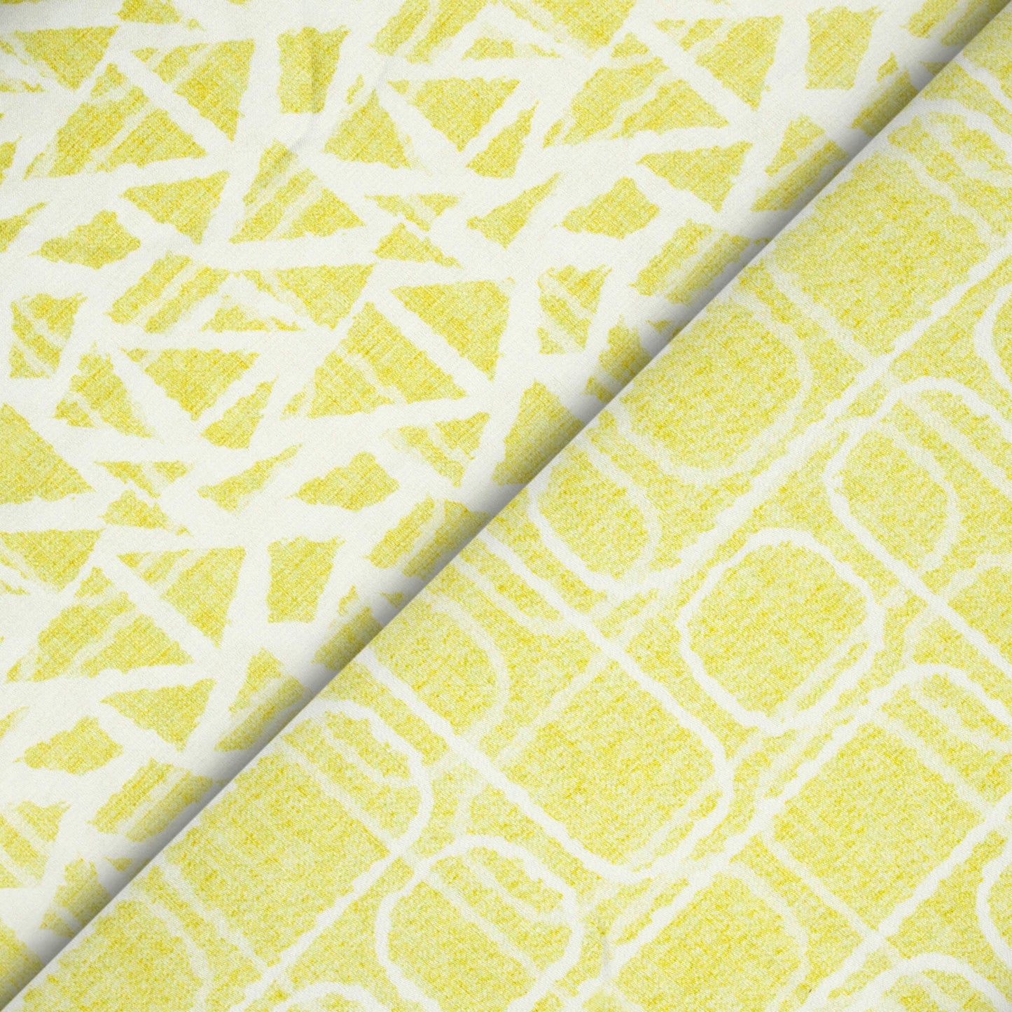 Chartreuse Yellow And White Geometric Pattern Digital Print Premium Lush Satin Fabric