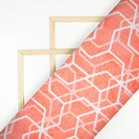 Coral Peach And White Geometric Pattern Digital Print Japan Satin Fabric