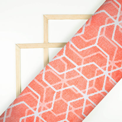 Coral Peach And White Geometric Pattern Digital Print Japan Satin Fabric