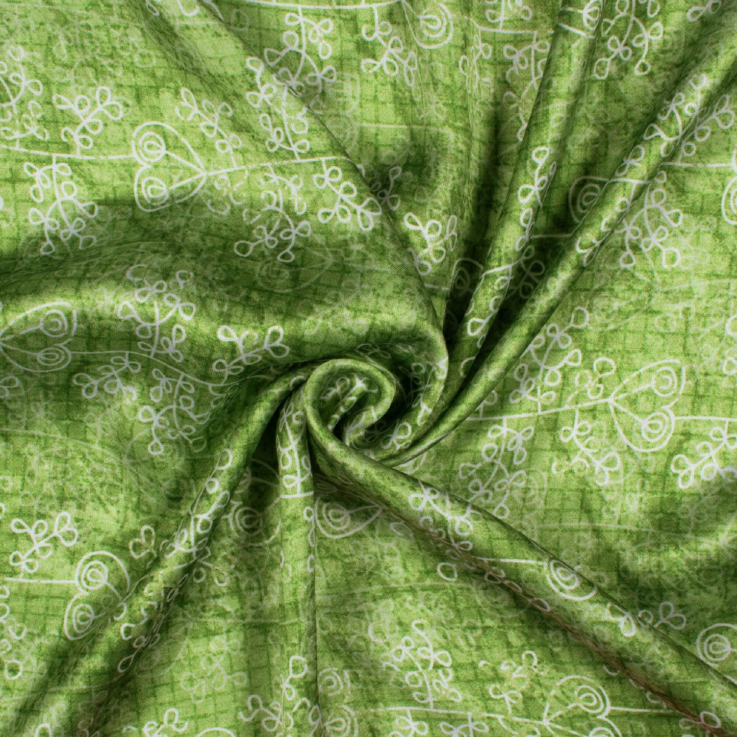 Fern Green And White Floral Pattern Digital Print Japan Satin Fabric