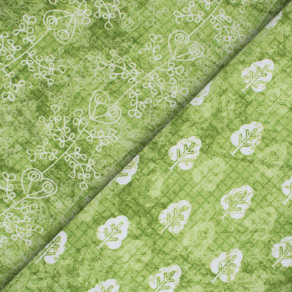 Fern Green And White Floral Pattern Digital Print Japan Satin Fabric