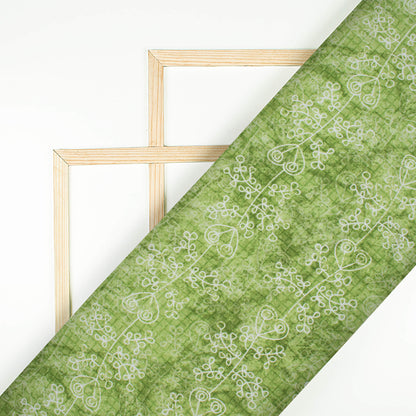 Fern Green And White Floral Pattern Digital Print Japan Satin Fabric