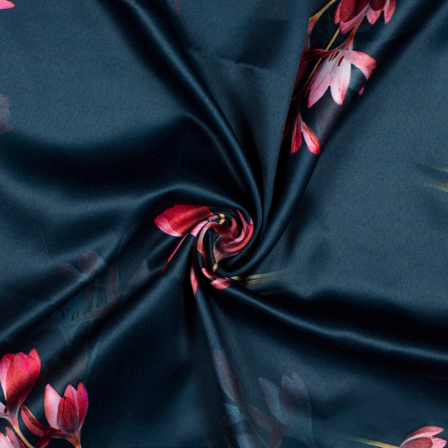 Midnight Blue And Deep Pink Floral Pattern Digital Print Charmeuse Satin Fabric (Width 58 Inches)