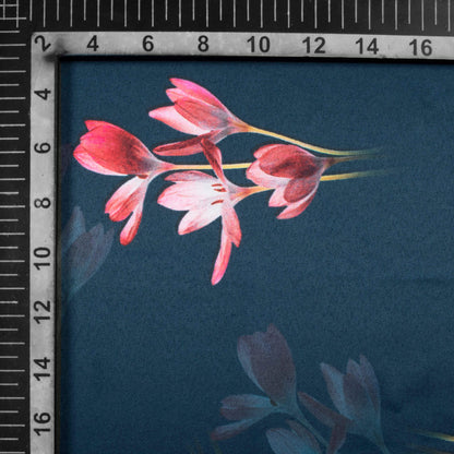 Midnight Blue And Deep Pink Floral Pattern Digital Print Charmeuse Satin Fabric (Width 58 Inches)