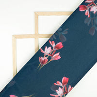 Midnight Blue And Deep Pink Floral Pattern Digital Print Charmeuse Satin Fabric (Width 58 Inches)