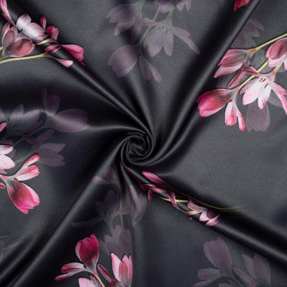 Black And Punch Pink Floral Pattern Digital Print Charmeuse Satin Fabric (Width 58 Inches)