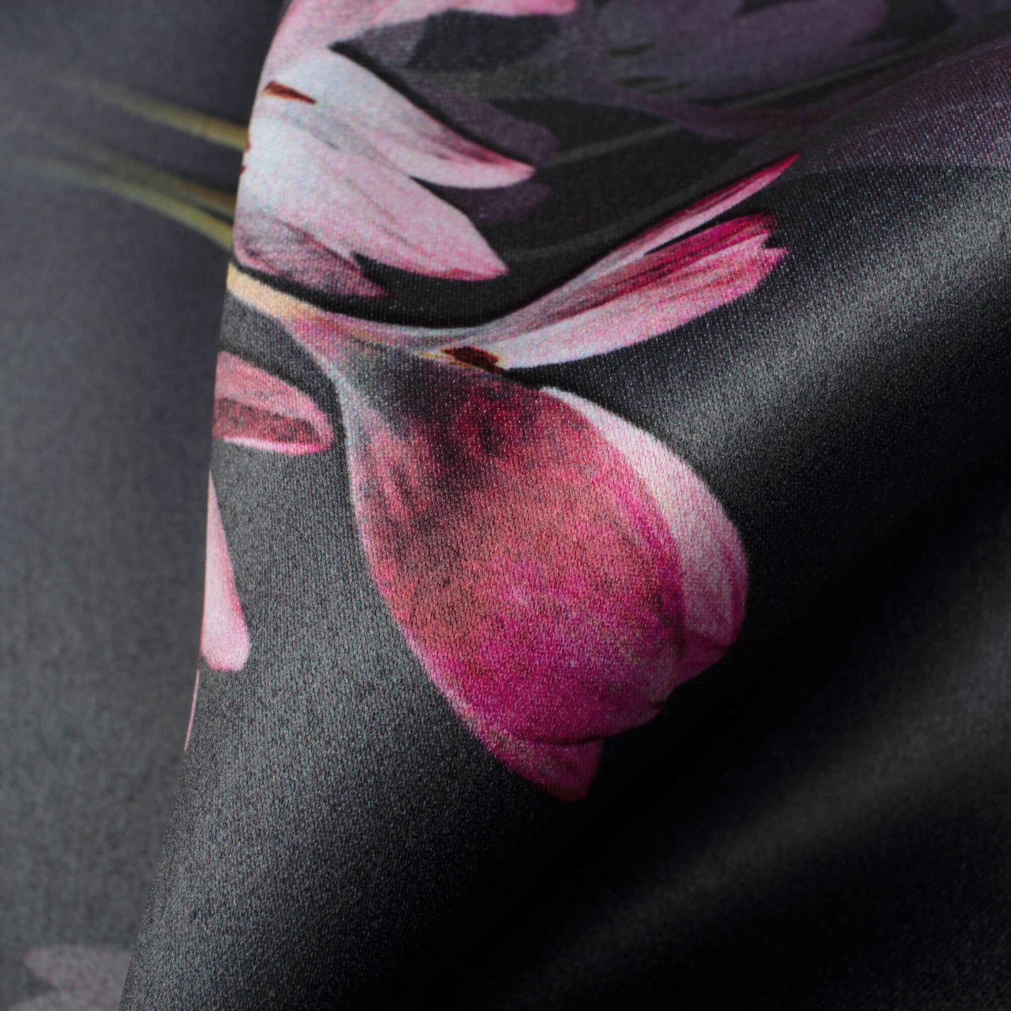 Black And Punch Pink Floral Pattern Digital Print Charmeuse Satin Fabric (Width 58 Inches)