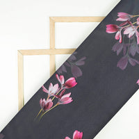 Black And Punch Pink Floral Pattern Digital Print Charmeuse Satin Fabric (Width 58 Inches)
