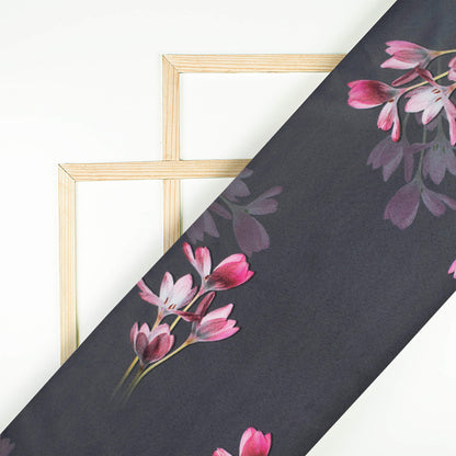 Black And Punch Pink Floral Pattern Digital Print Charmeuse Satin Fabric (Width 58 Inches)