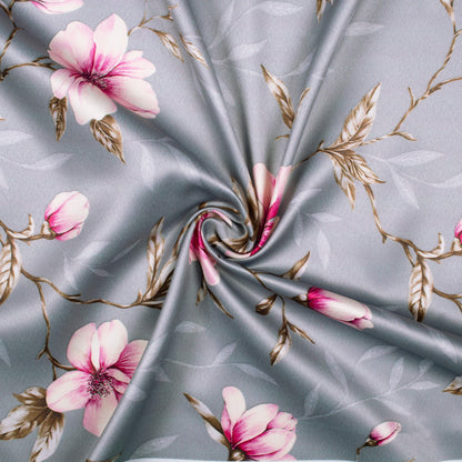 Dolphin Grey And Lemonde  Pink floral Pattern Digital Print Charmeuse Satin Fabric (Width 58 Inches)