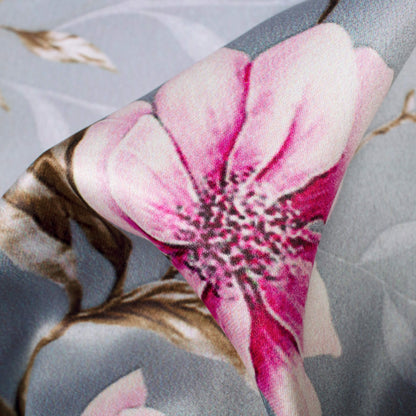 Dolphin Grey And Lemonde  Pink floral Pattern Digital Print Charmeuse Satin Fabric (Width 58 Inches)