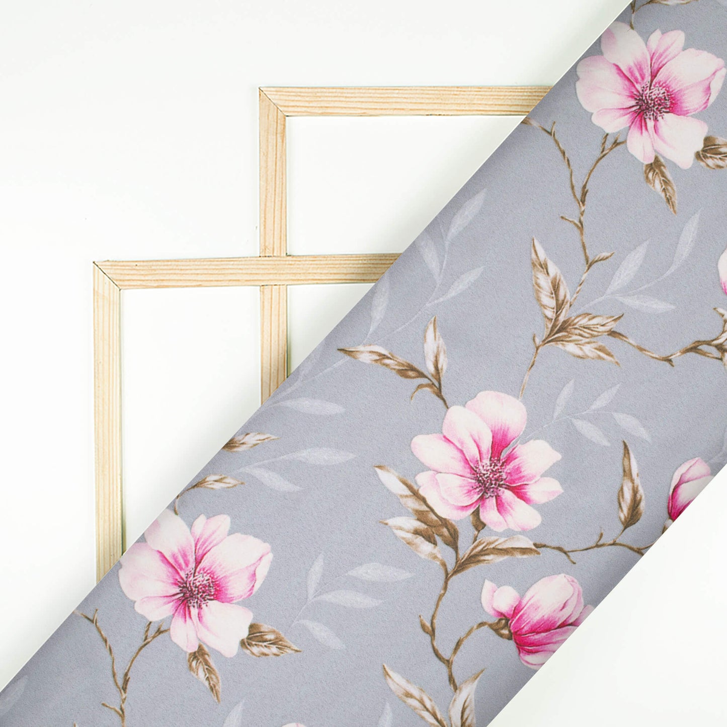 Dolphin Grey And Lemonde  Pink floral Pattern Digital Print Charmeuse Satin Fabric (Width 58 Inches)