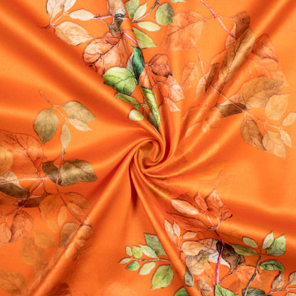 Royal Orange And Green Leaf Pattern Digital Print Charmeuse Satin Fabric (Width 58 Inches)