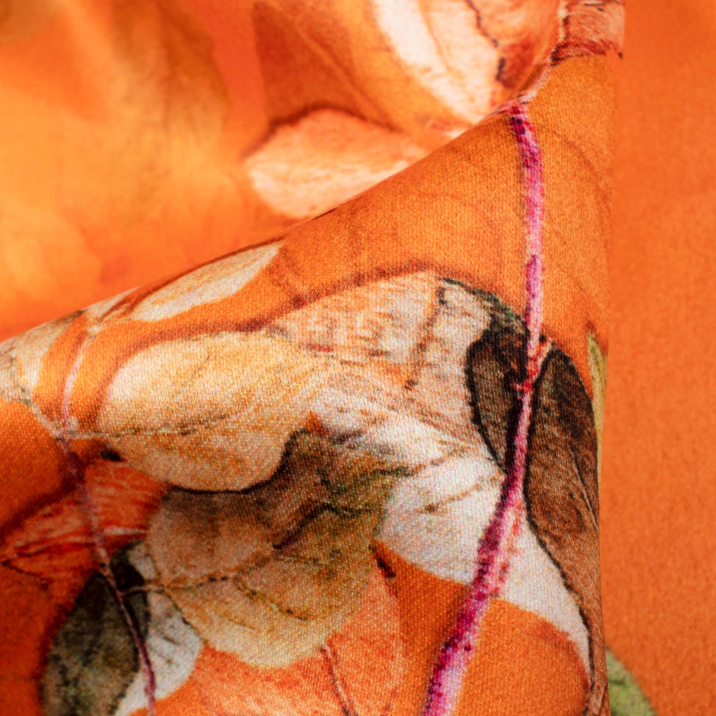 Royal Orange And Green Leaf Pattern Digital Print Charmeuse Satin Fabric (Width 58 Inches)