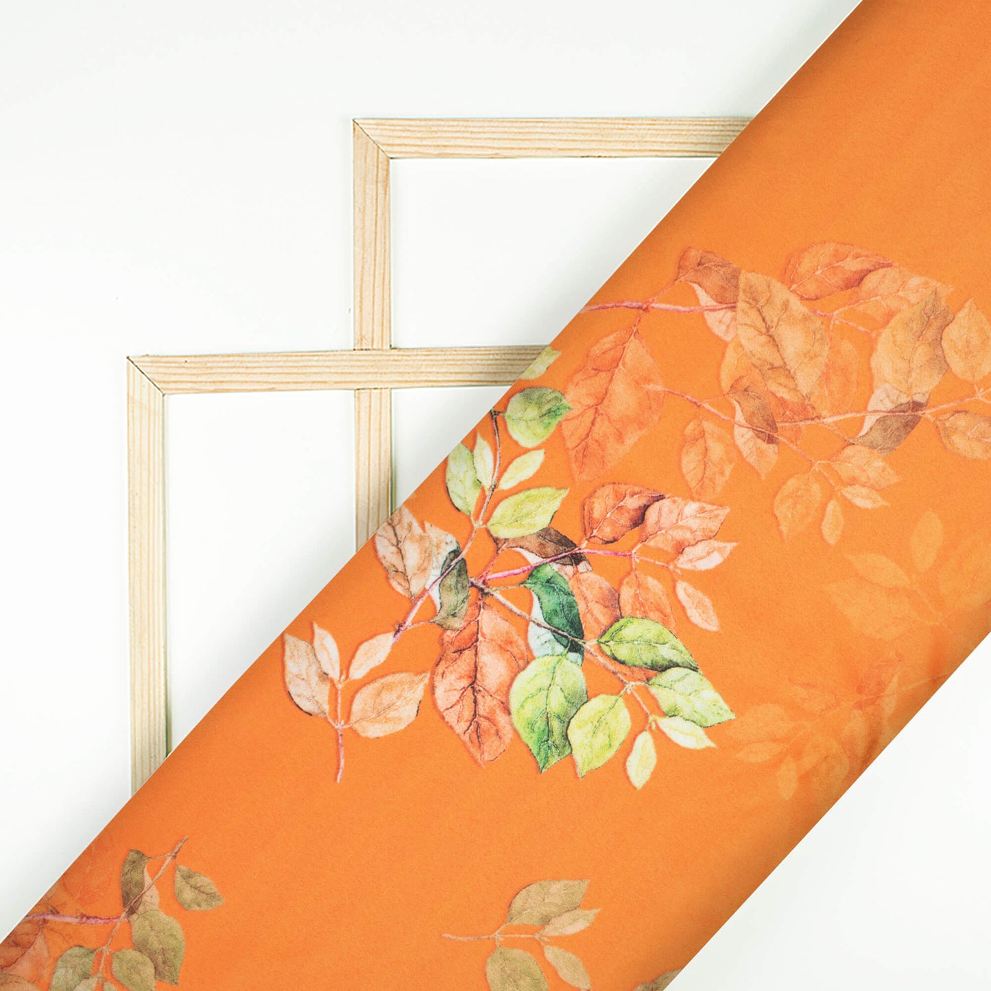Royal Orange And Green Leaf Pattern Digital Print Charmeuse Satin Fabric (Width 58 Inches)