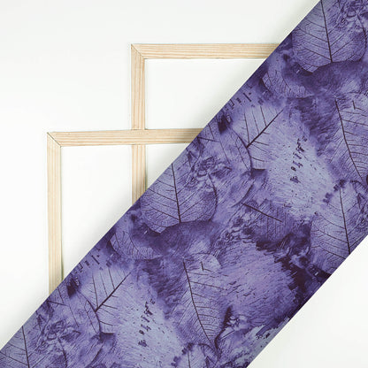 Berry Blue Leaf Pattern Digital Print Charmeuse Satin Fabric (Width 58 Inches)
