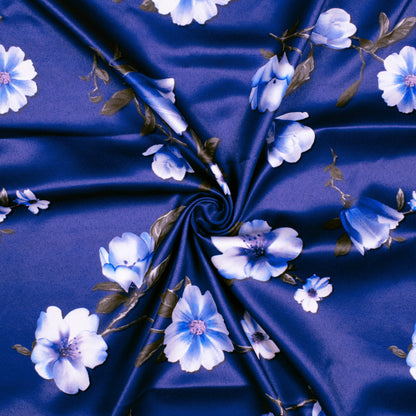 Royal Blue Floral Pattern Digital Print Charmeuse Satin Fabric (Width 58 Inches)