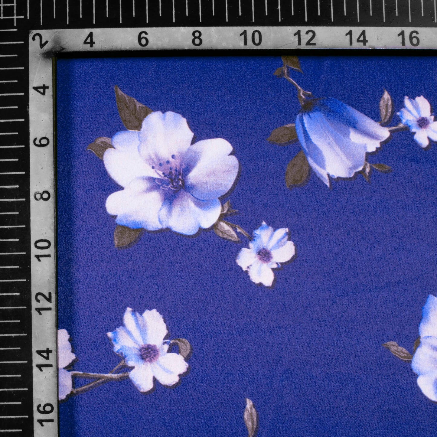 Royal Blue Floral Pattern Digital Print Charmeuse Satin Fabric (Width 58 Inches)
