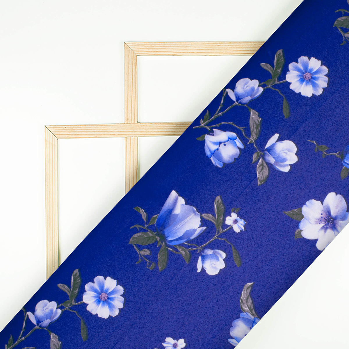 Royal Blue Floral Pattern Digital Print Charmeuse Satin Fabric (Width 58 Inches)