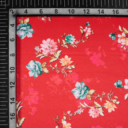 Sangria Red And Taffy Pink Floral Pattern Digital Print Charmeuse Satin Fabric (Width 58 Inches)