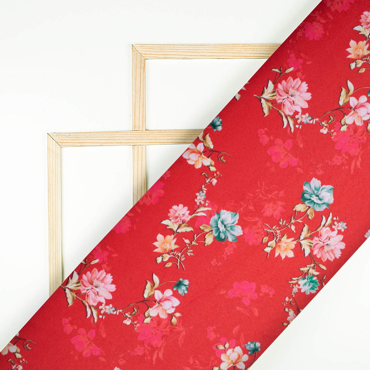 Sangria Red And Taffy Pink Floral Pattern Digital Print Charmeuse Satin Fabric (Width 58 Inches)