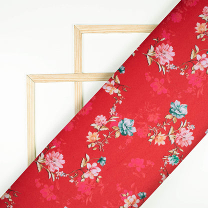 Sangria Red And Taffy Pink Floral Pattern Digital Print Charmeuse Satin Fabric (Width 58 Inches)
