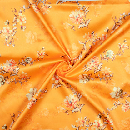 Fire Yellow And Beige Floral Pattern Digital Print Charmeuse Satin Fabric (Width 58 Inches)