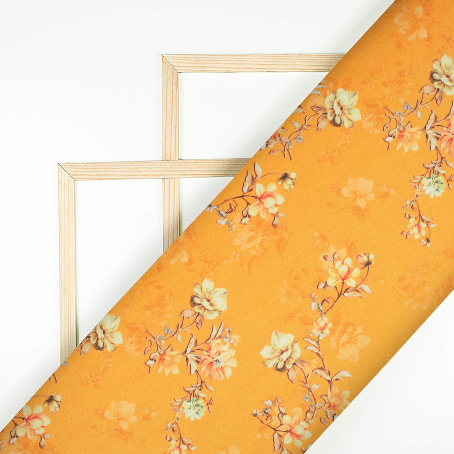 Fire Yellow And Beige Floral Pattern Digital Print Charmeuse Satin Fabric (Width 58 Inches)