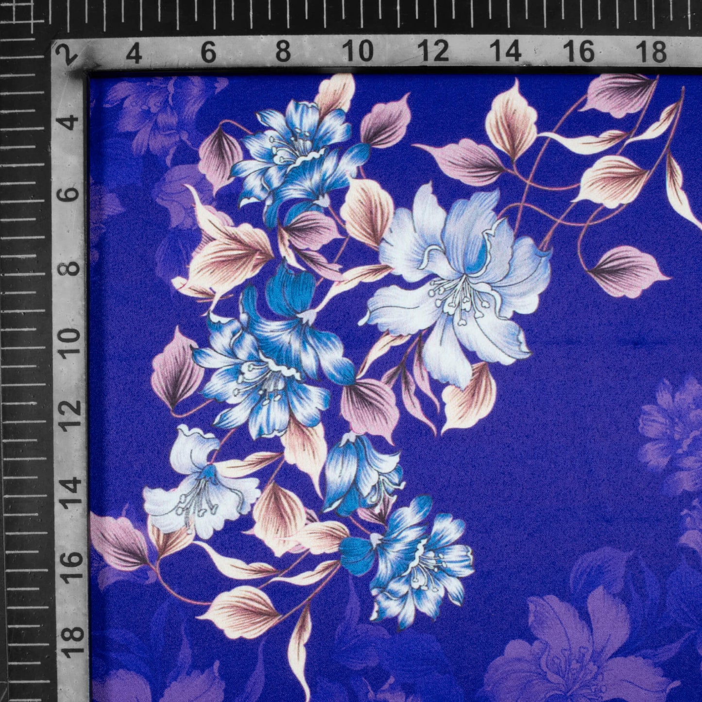 Royal Blue And Beige Floral Pattern Digital Print Charmeuse Satin Fabric (Width 58 Inches)