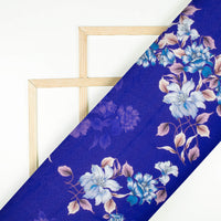 Royal Blue And Beige Floral Pattern Digital Print Charmeuse Satin Fabric (Width 58 Inches)