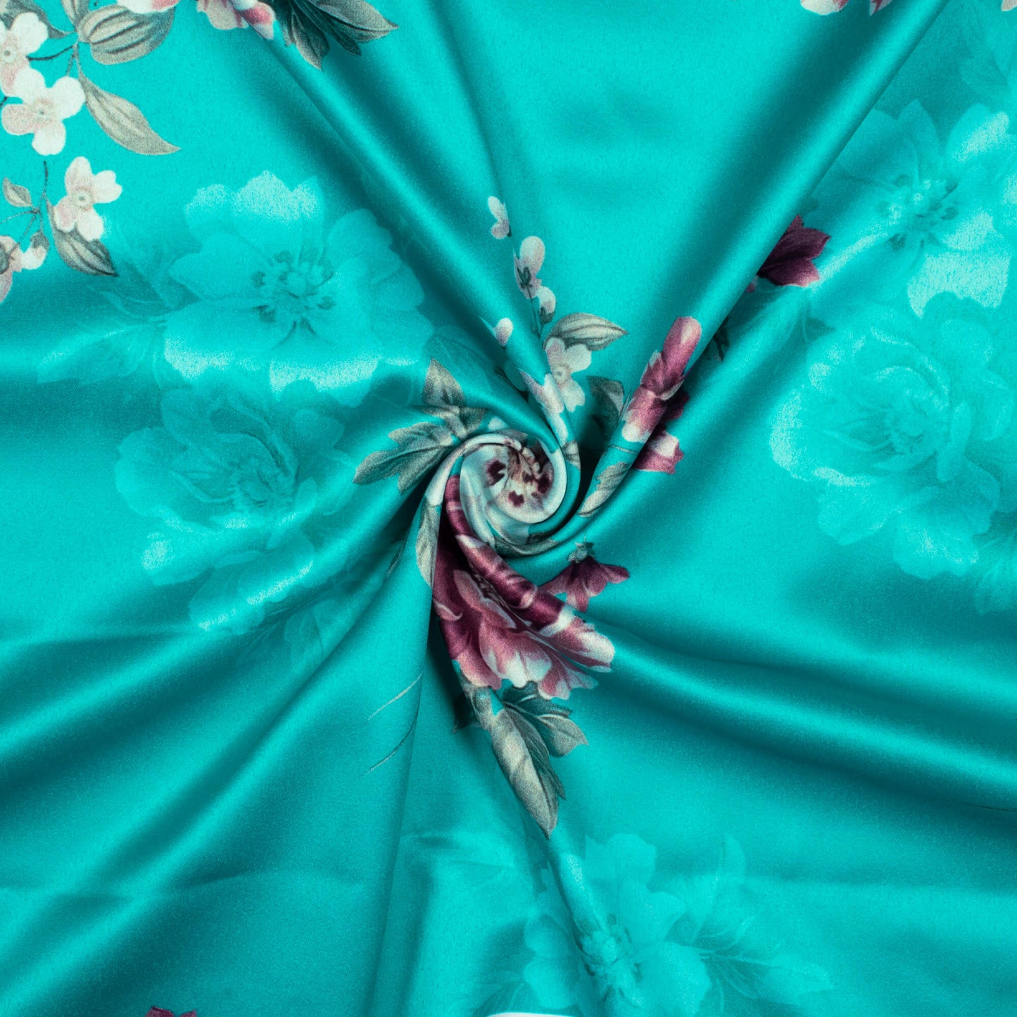 Turquoise And Red Floral Pattern Digital Print Charmeuse Satin Fabric (Width 58 Inches)