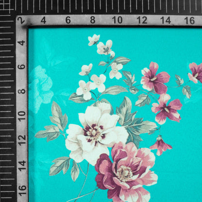 Turquoise And Red Floral Pattern Digital Print Charmeuse Satin Fabric (Width 58 Inches)