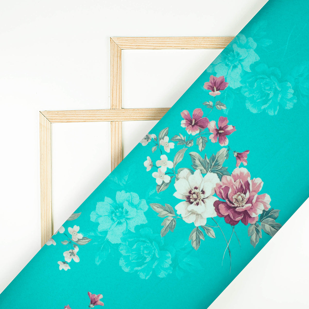 Turquoise And Red Floral Pattern Digital Print Charmeuse Satin Fabric (Width 58 Inches)