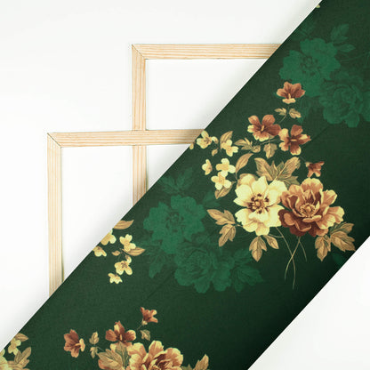 Dark Green And Oyster Beige Floral Pattern Digital Print Charmeuse Satin Fabric (Width 58 Inches)