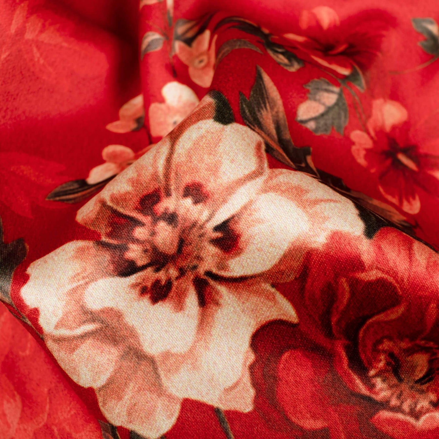(Cut Piece 1.4 Mtr) Sangria Red Floral Pattern Digital Print Charmeuse Satin Fabric (Width 58 Inches)