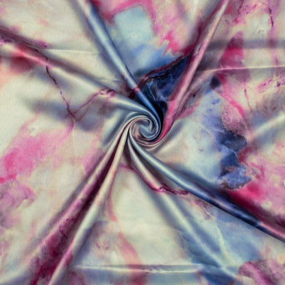 Taffy Pink And Blue Marble Pattern Digital Print Charmeuse Satin Fabric (Width 58 Inches)