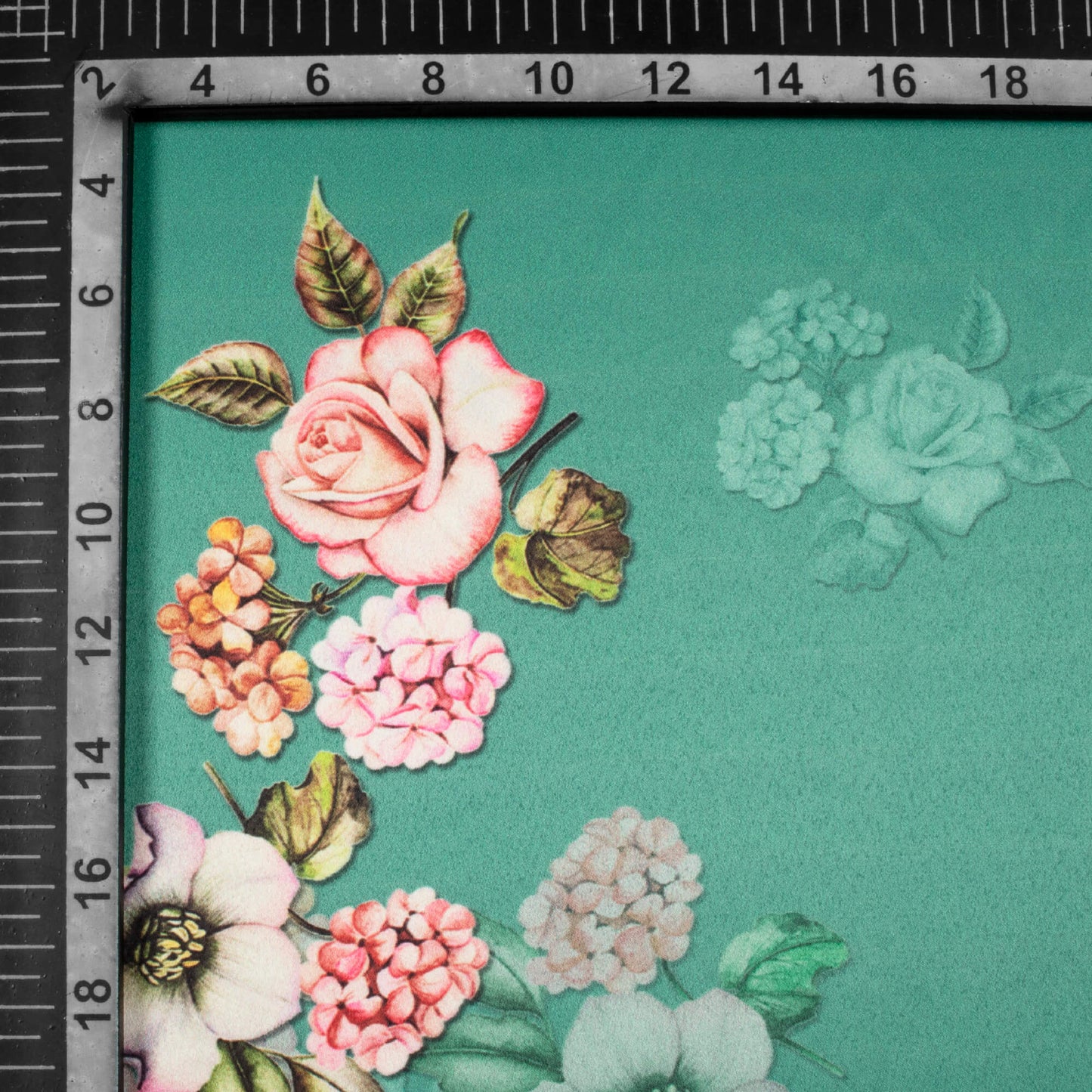 Teal Green And Pale Pink Floral Pattern Digital Print Charmeuse Satin Fabric (Width 58 Inches)