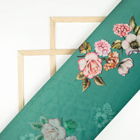Teal Green And Pale Pink Floral Pattern Digital Print Charmeuse Satin Fabric (Width 58 Inches)