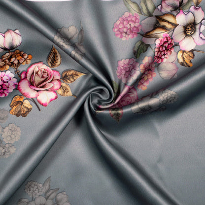 Steel Grey And Pale Pink Floral Pattern Digital Print Charmeuse Satin Fabric (Width 58 Inches)