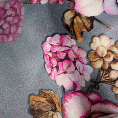 Steel Grey And Pale Pink Floral Pattern Digital Print Charmeuse Satin Fabric (Width 58 Inches)