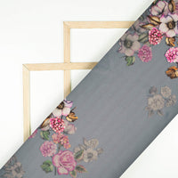 Steel Grey And Pale Pink Floral Pattern Digital Print Charmeuse Satin Fabric (Width 58 Inches)