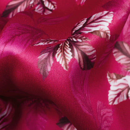 Magenta Pink Leaf Pattern Digital Print Charmeuse Satin Fabric (Width 58 Inches)