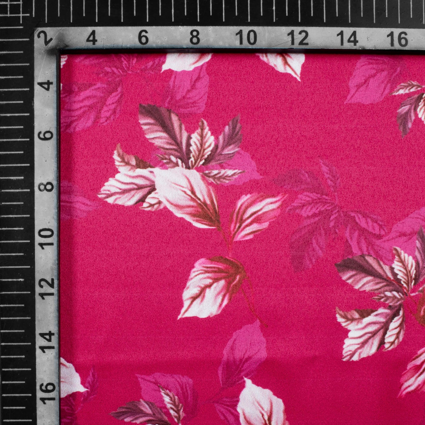 Magenta Pink Leaf Pattern Digital Print Charmeuse Satin Fabric (Width 58 Inches)