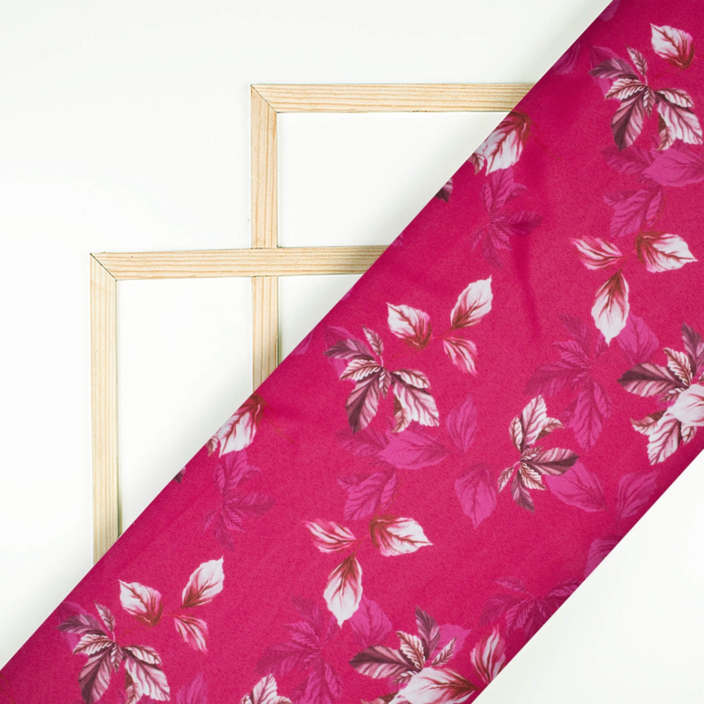 Magenta Pink Leaf Pattern Digital Print Charmeuse Satin Fabric (Width 58 Inches)